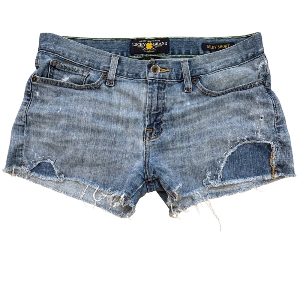 Lucky Brand Riley Jean Short Women 6 28 Blue Distressed‎ Raw Hem Denim Western